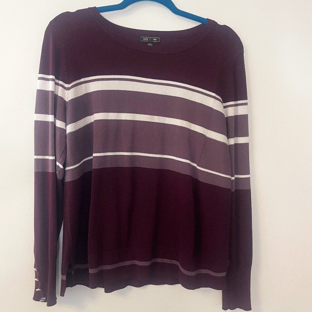 Long-sleeve, crew-neck sweater burgundy preppy horizontal stripes Size Large